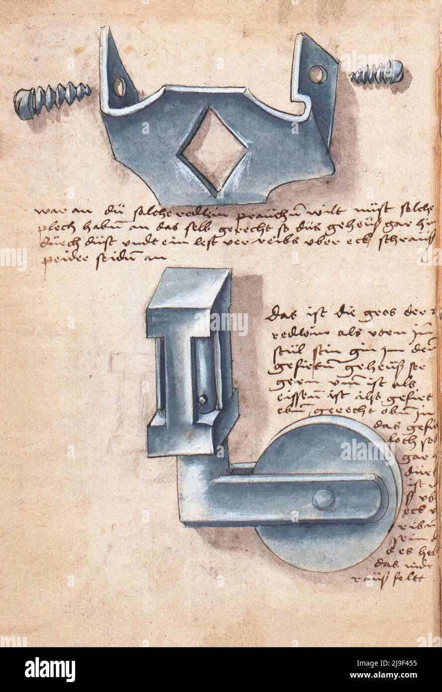 Ilustración medieval de ruedas giratorias para silla giratoria. Las herramientas de Martin Löffelholz (1505) Löffelholtz Codex. Ilustraciones y descripciones de AL Foto de stock