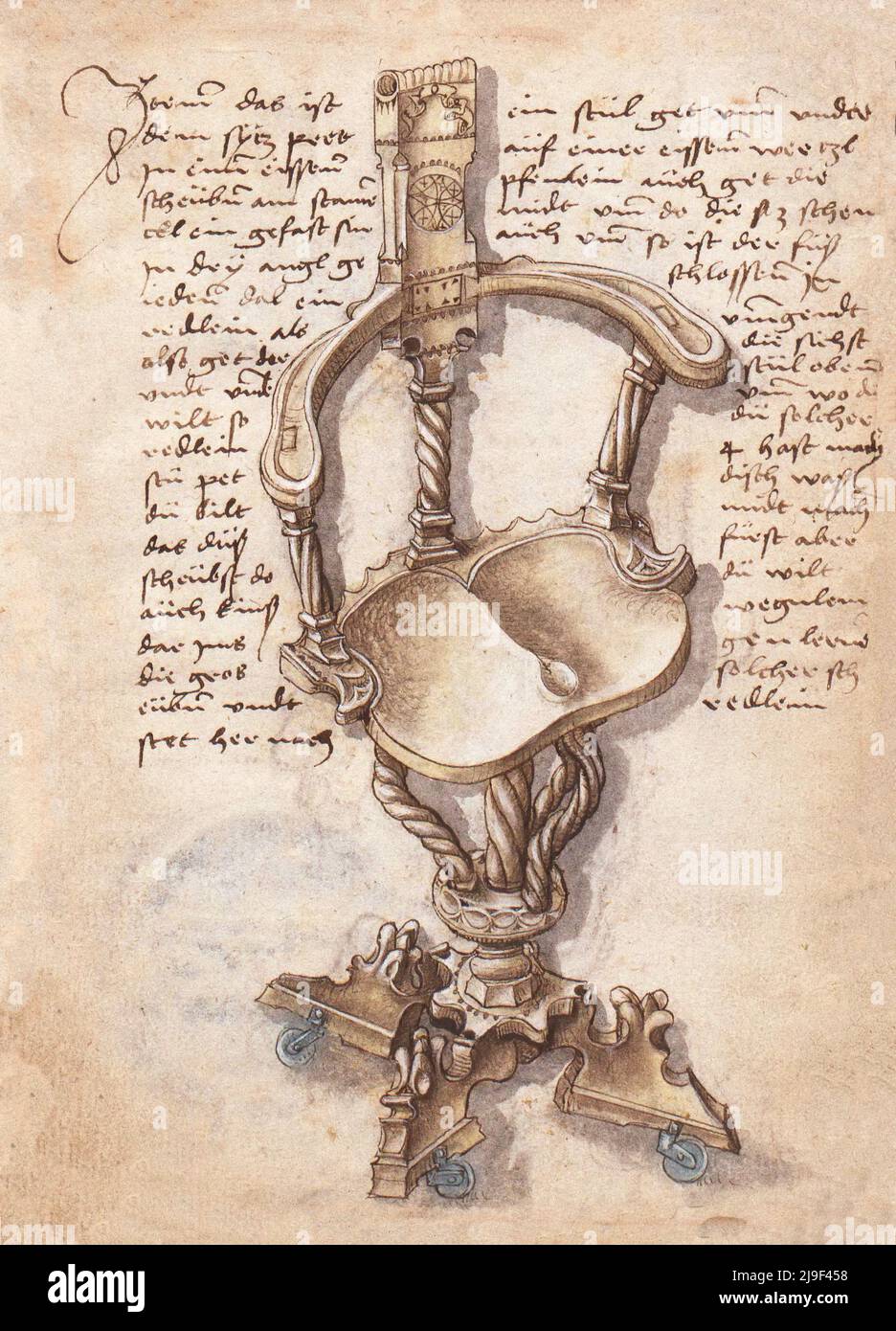 Ilustración medieval de silla giratoria móvil y de altura ajustable. Las herramientas de Martin Löffelholz (1505) Löffelholtz Codex. Ilustraciones y descripción Foto de stock
