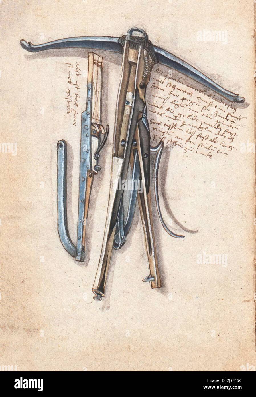 Ilustración medieval del arco cruzado. Las herramientas de Martin Löffelholz (1505) Löffelholtz Codex. Ilustraciones y descripciones de todo tipo de herramientas manuales, Foto de stock