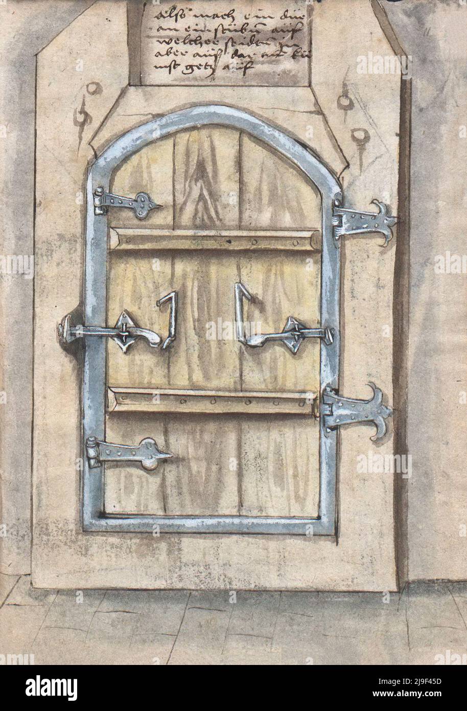 Ilustración medieval de las bisagras y cerraduras de las puertas. Las herramientas de Martin Löffelholz (1505) Löffelholtz Codex. Ilustraciones y descripciones de todo esto Foto de stock