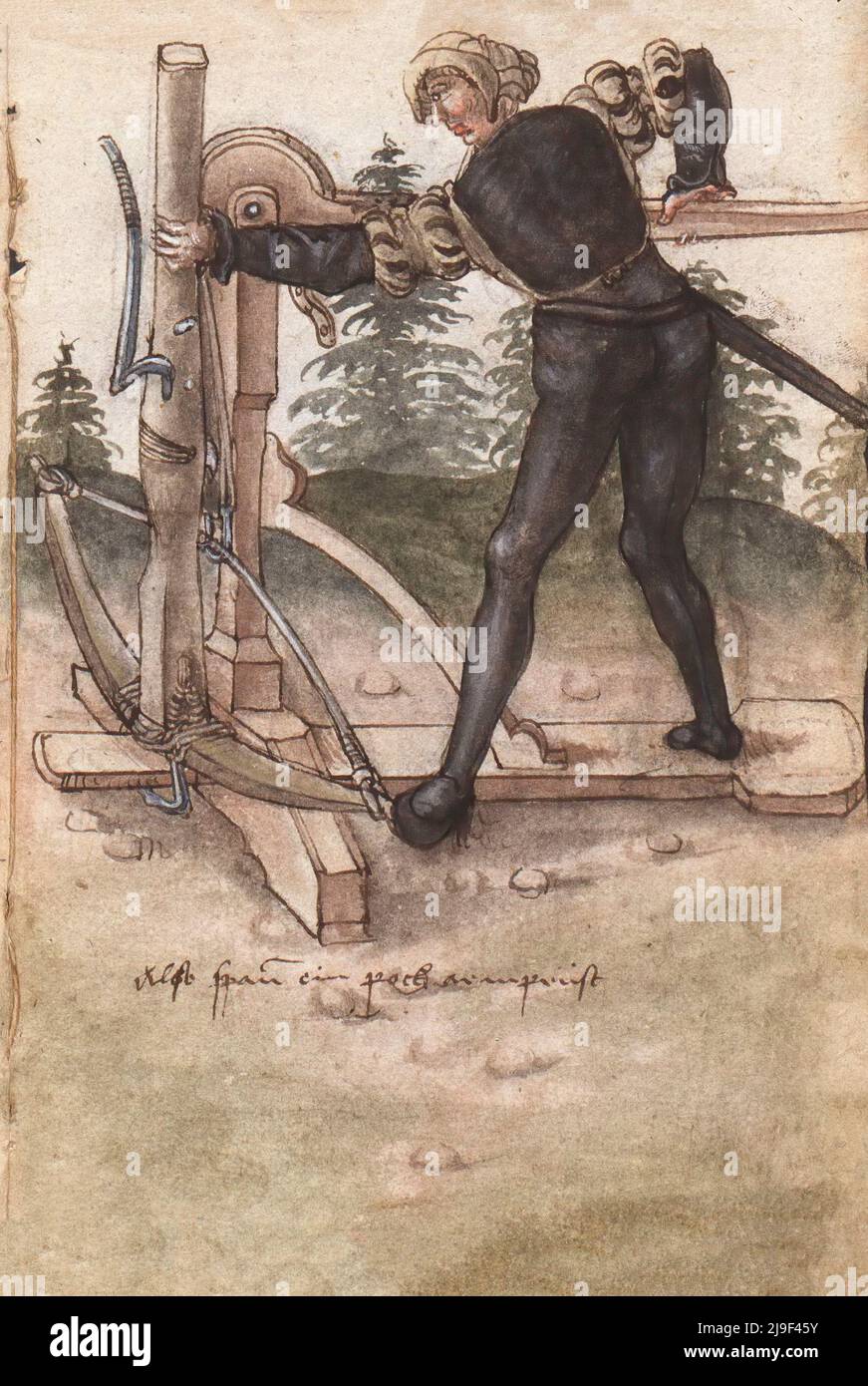 Ilustración medieval del enorme mecanismo de extensión del arco cruzado y del arco cruzado (mando de gaffe). Las herramientas de Martin Löffelholz (1505) Löffelholtz Codex. Ilus Foto de stock