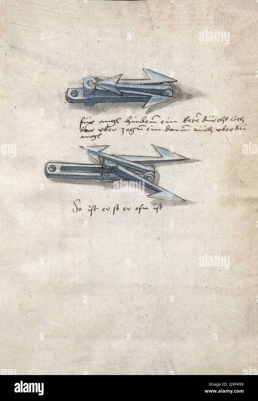 Ilustración medieval de caltrop. Las herramientas de Martin Löffelholz (1505) Löffelholtz Codex. Ilustraciones y descripciones de todo tipo de herramientas manuales, Foto de stock