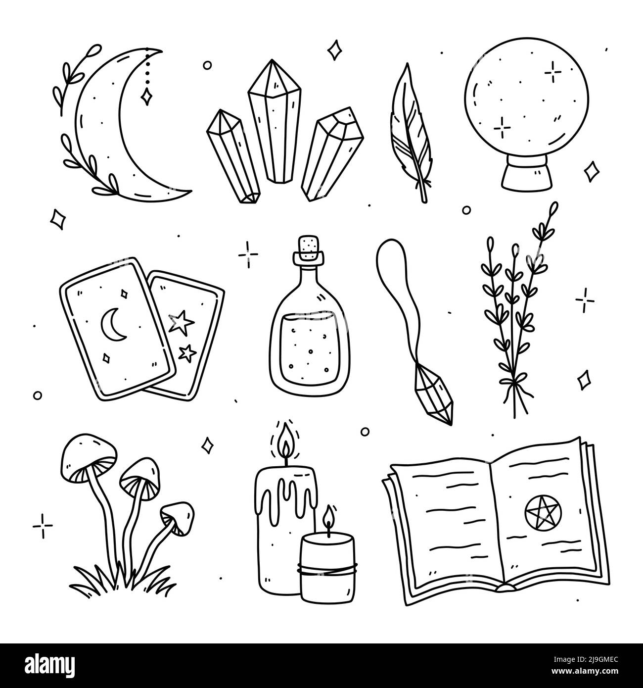 Conjunto de fideos con elementos mágicos y ocultos - bola de cristal, luna, piedras preciosas, cartas de tarot, poción, colgante, libro de hechizos y otros. Ilustración vectorial dibujada a mano. Perfecto para tarjetas, logotipos y adornos Ilustración del Vector