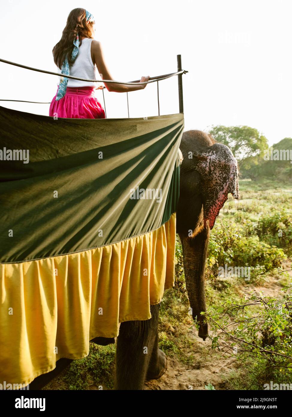 Mujer montando Elefante, Herencia Kandalama, Dambulla, Sri Lanka. Una mujer monta Manika, el elefante residente del Heritance Kandalama Hotel. Foto de stock