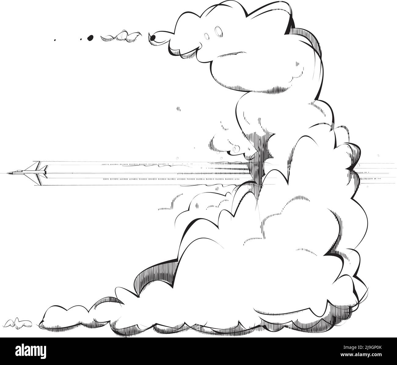 Una gran nube es atravesada por un avión jet Ilustración del Vector