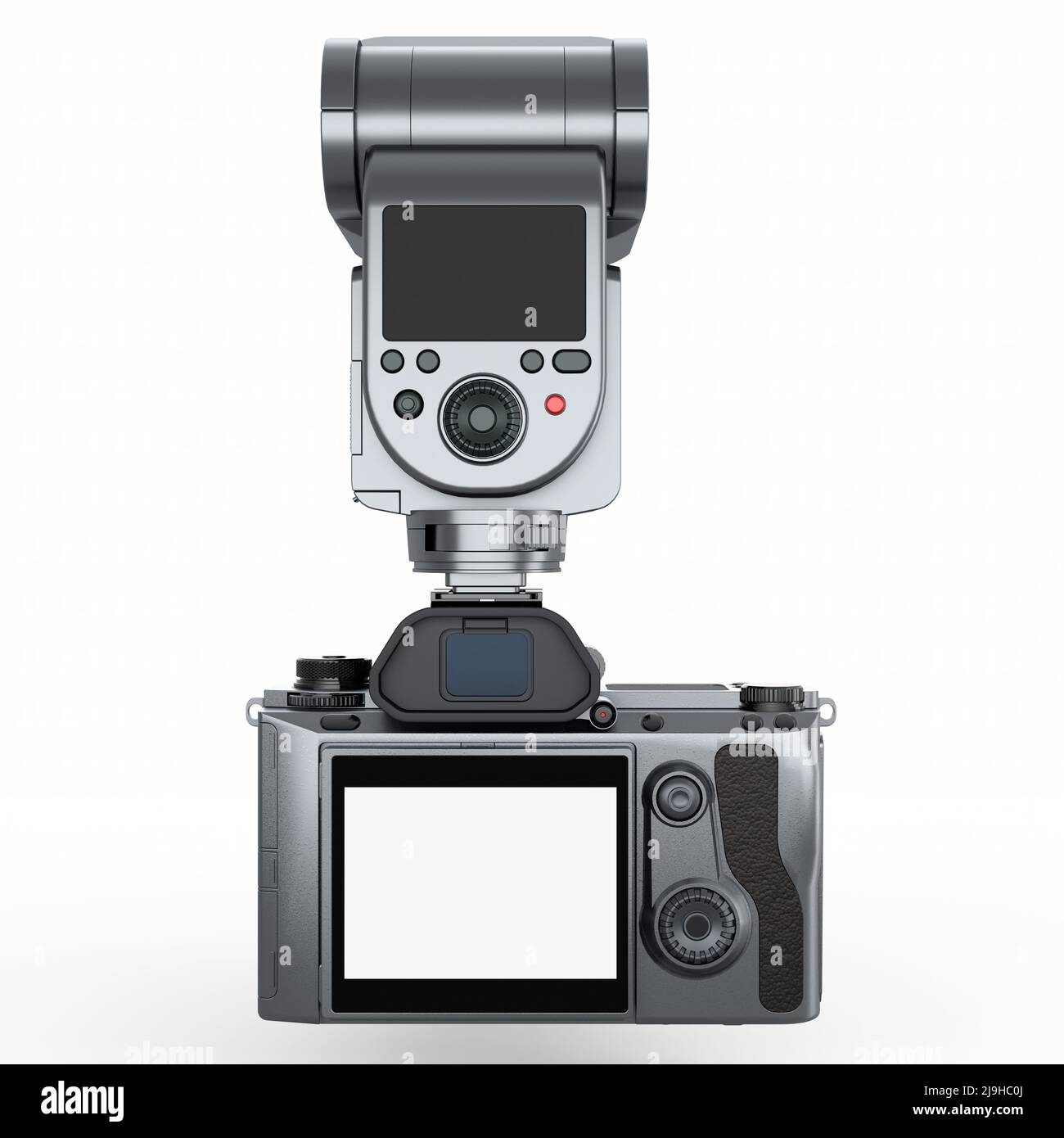No existe una cámara DSLR con lente y flash externo speedlight en blanco. Foto de stock
