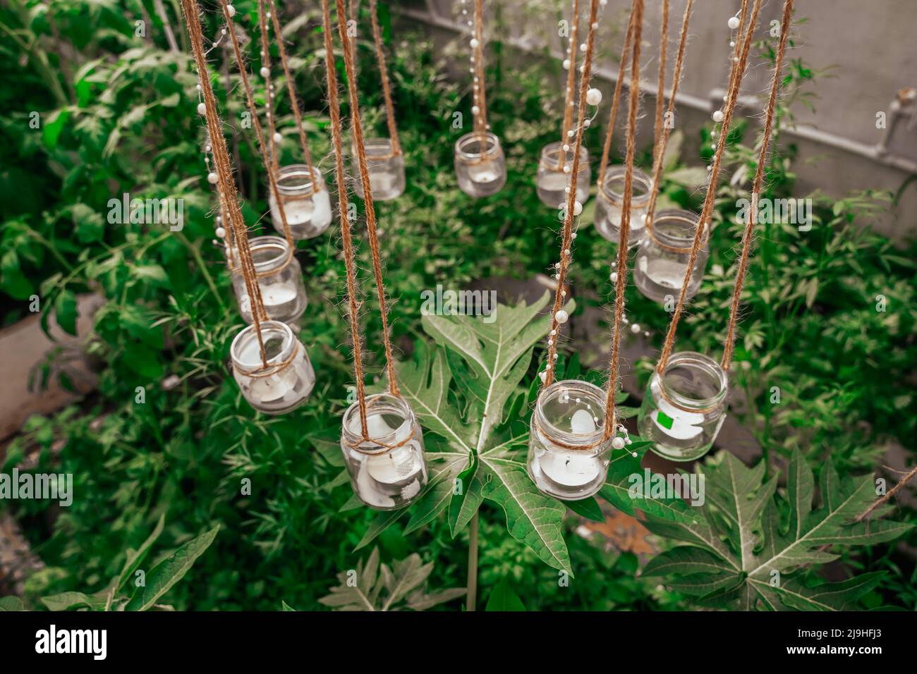 Velas colgando en el invernadero. Luces decorativas colgantes. Velas en un  vaso en el jardín Fotografía de stock - Alamy