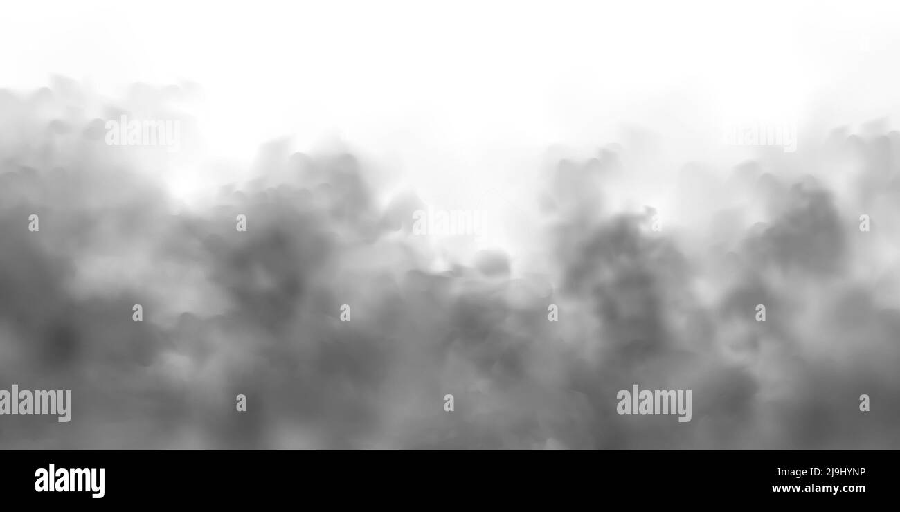 Humo negro realista, nubes de polvo aisladas sobre fondo blanco. Niebla