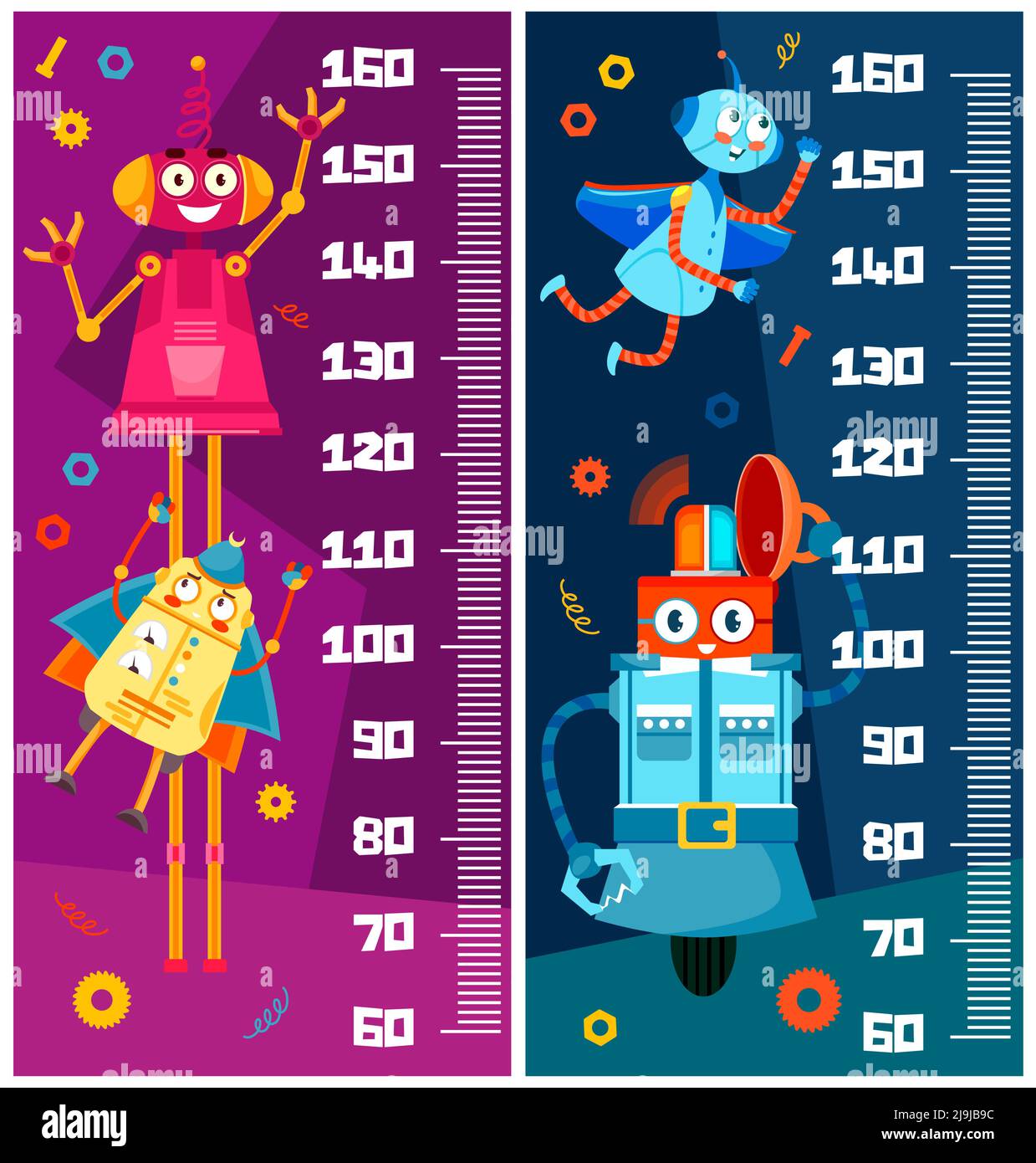 Tabla de altura para niños. Robots divertidos de dibujos animados. Altura  centímetros escala, niños altura centímetros regla o niños crecimiento  vector metro con gracioso vintage robots personajes con engranajes, alas y  antenas