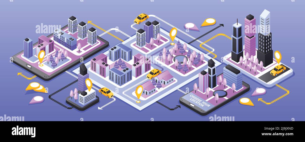 City taxi servicio en línea estrecha bandera isométrica con la navegación del smartphone ilustración de vector de fondo morado azul de esquema de aplicación Ilustración del Vector