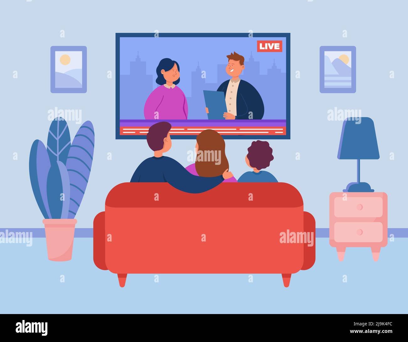 Vista trasera de la familia sentada en el sofá y viendo noticias en la  televisión. Madre, padre e hijo en el sofá en la sala de estar plano vector  ilustración. Familia, entretai