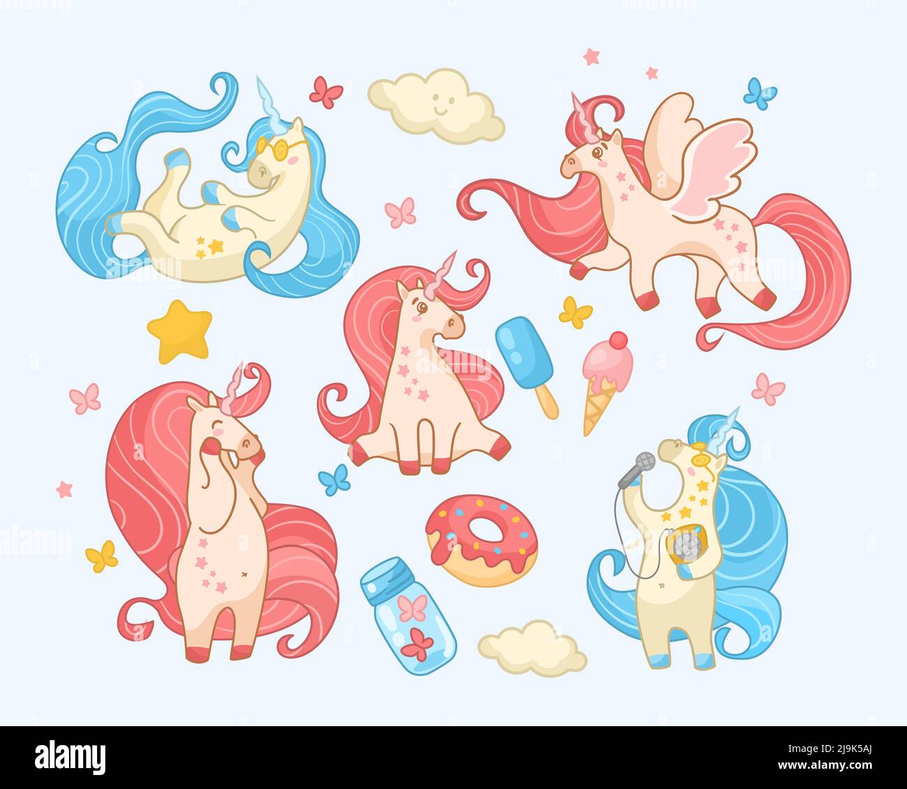 Juego de ilustración de dibujos animados lindo feliz unicornios. Hermosos y  adorables personajes mágicos de color rosa y azul con estrellas, flores,  donuts y flores cantando, l Imagen Vector de stock -