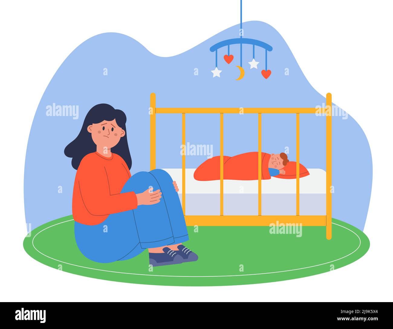 Madre deprimida sentada al lado de la cuna con el recién nacido. Mamá triste y cansada al lado del bebé dormido en cuna ilustración de vector plano. Depresi postnatal Ilustración del Vector