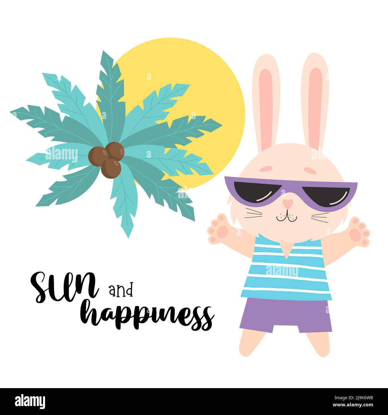 Cute liebre en gafas de sol, sol y palmeras. Tarjeta de verano con eslogan:  Sol y felicidad. Ilustración vectorial. Conejo divertido carácter turístico  para f Imagen Vector de stock - Alamy