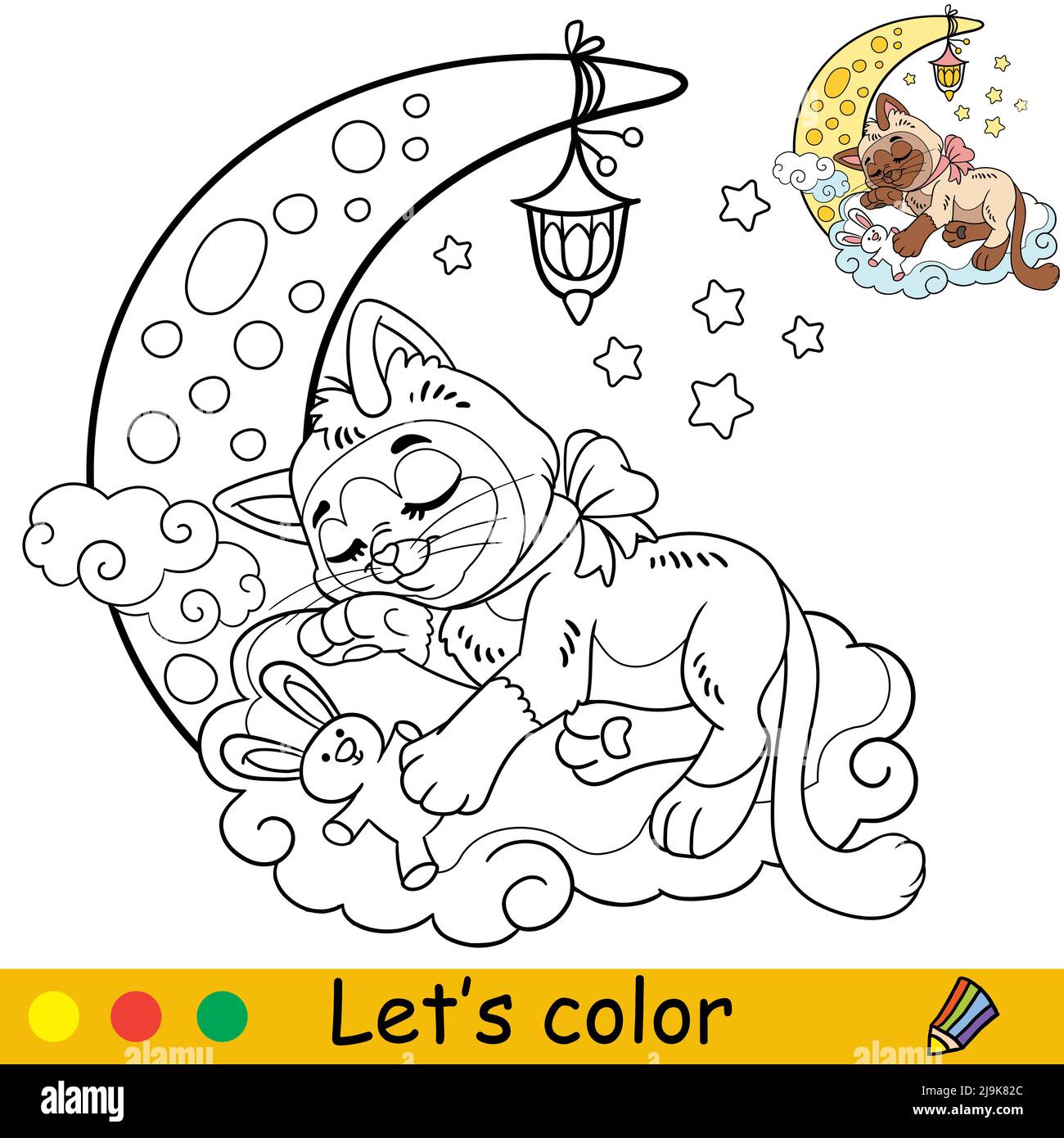 Dibujos animados lindo gato divertido durmiendo en la luna. Página de libro para  colorear con plantilla de colores para niños. Ilustración vectorial  aislada. Para colorear libro, prin Imagen Vector de stock -