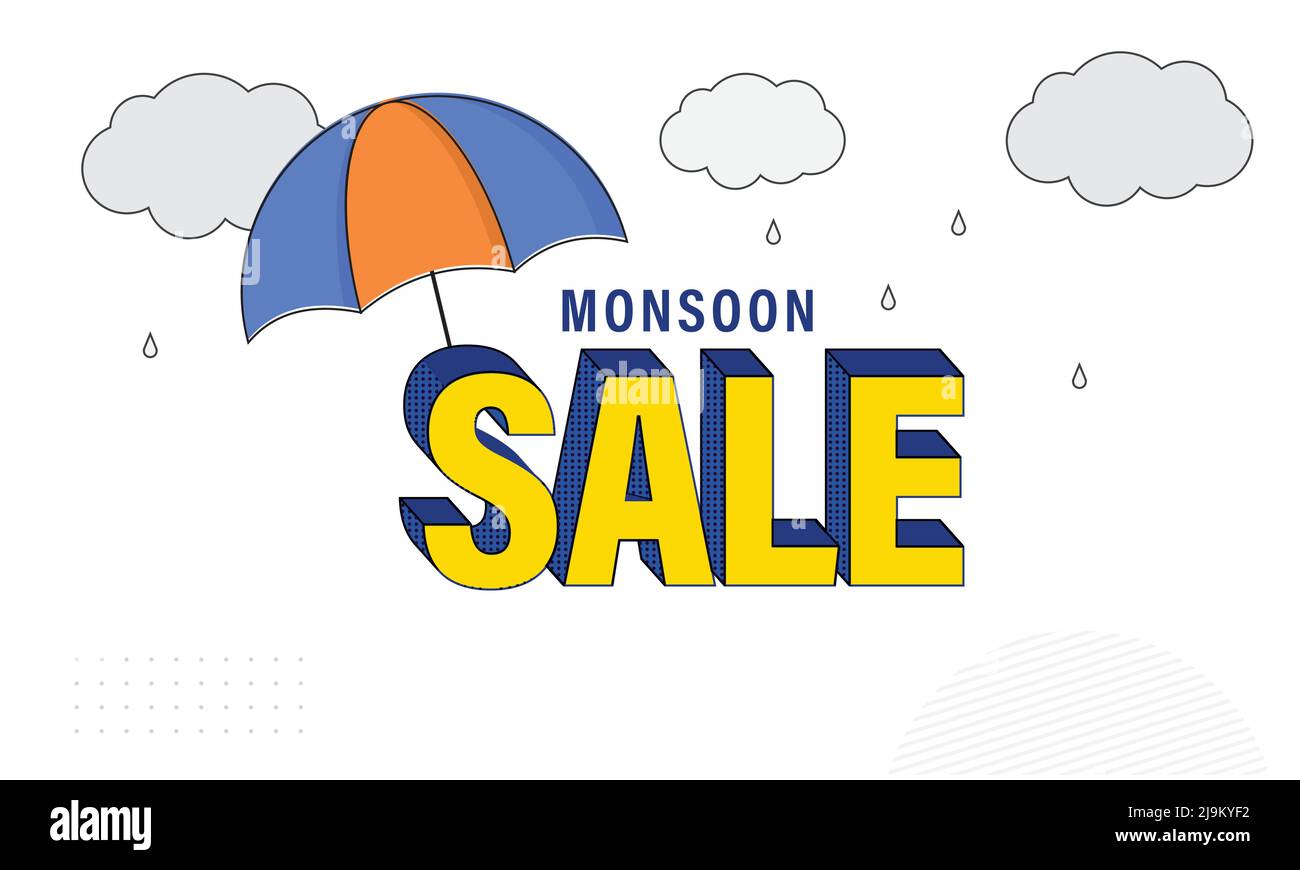 Monsoon Venta Banner Design con Paraguas y Nubes lluviosas sobre fondo blanco. Ilustración del Vector