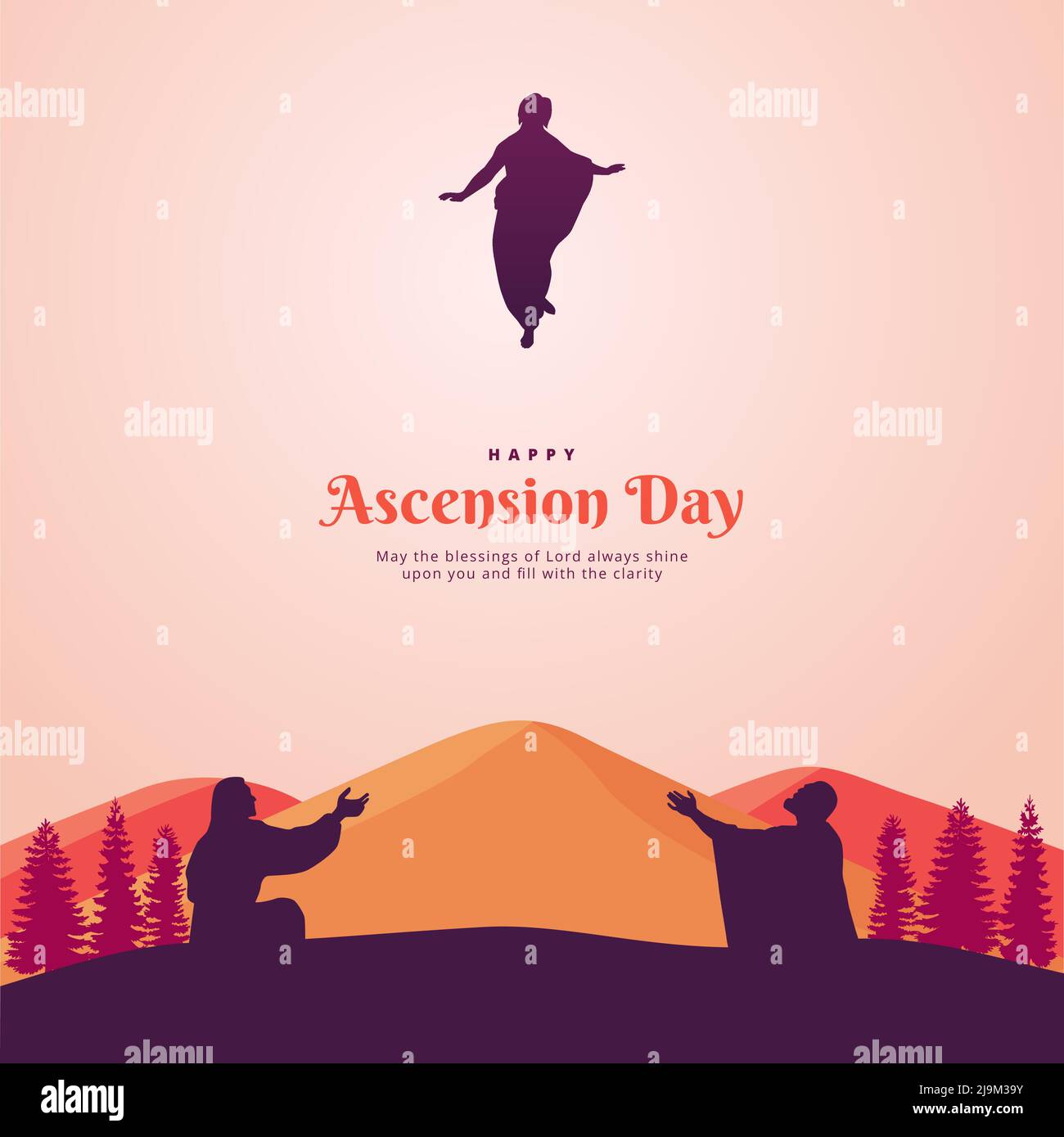 Feliz Día de la Ascensión con Jesús Silhouette, gente, árboles