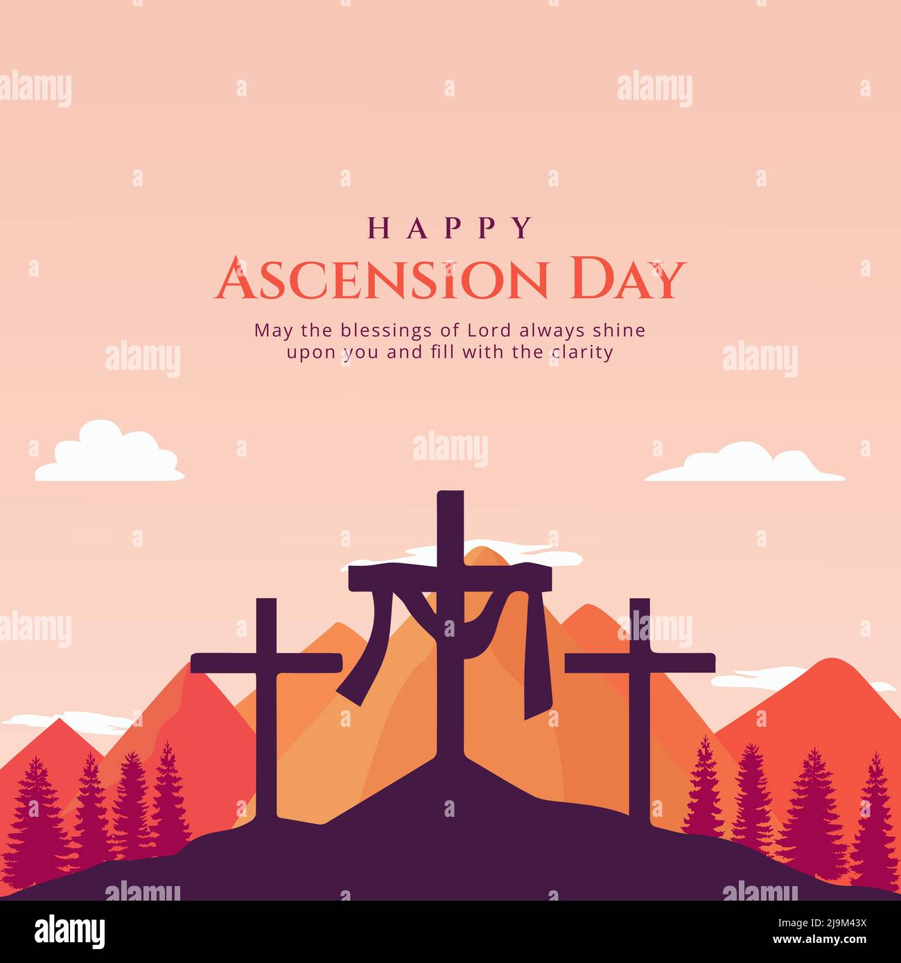 Feliz Día de la Ascensión con Cruz, Árboles, Ilustración de Vectores de