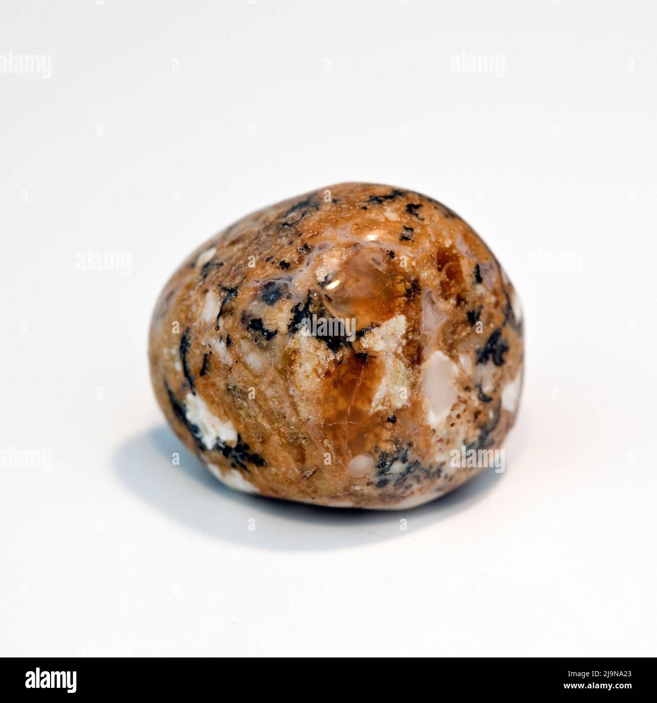 Macro fotografió una fotografía en color de cerca de una 'Merlinita' pulida, una piedra curativa semipreciosa de cristal Foto de stock