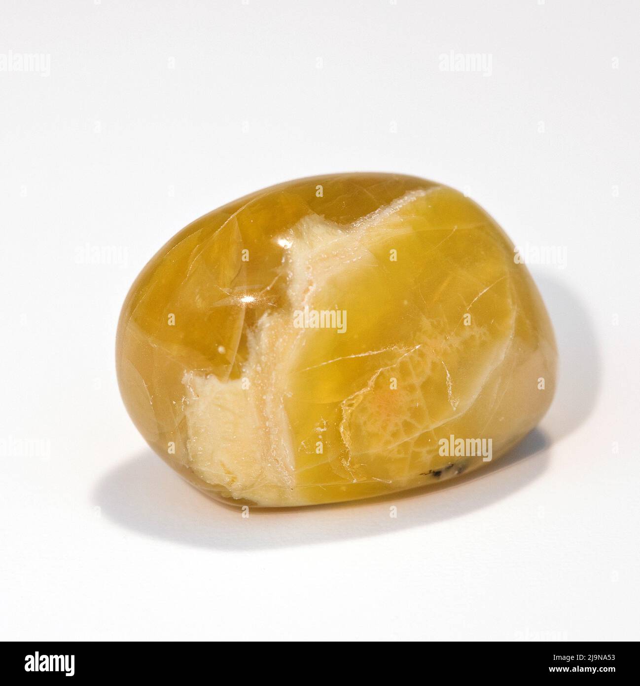 Macro fotografió una fotografía de primer plano en color de un 'Opalo Amarillo' pulido, una piedra curativa semipreciosa de cristal Foto de stock