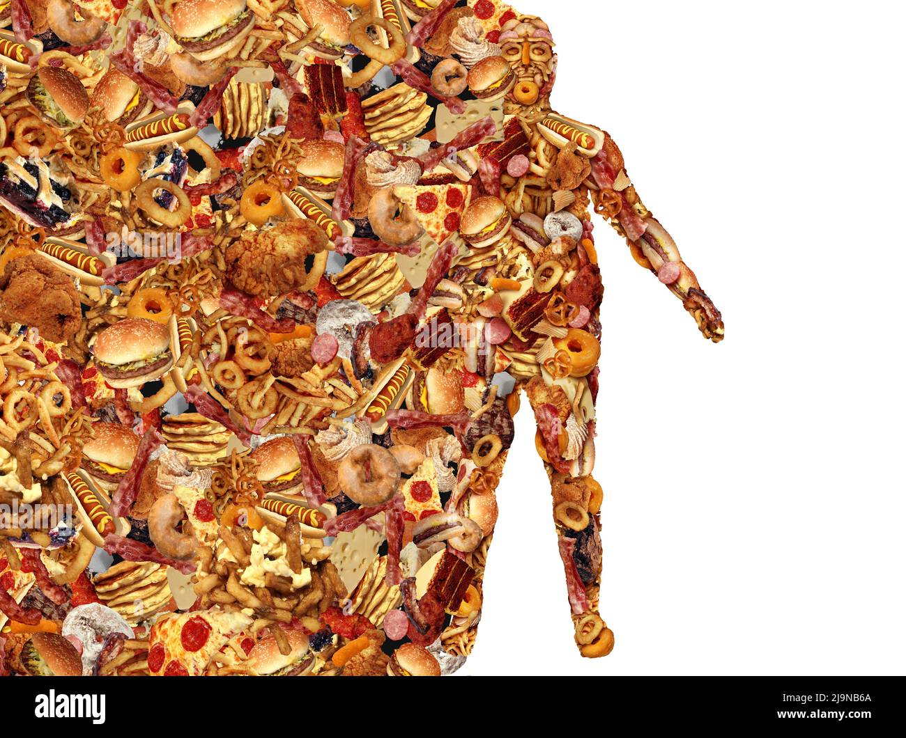 Comida Rápida y el Cuerpo Humano hecho de comida junkfood como un concepto de problema de nutrición y salud dietética como una persona obesa o símbolo de obesidad y diabetes. Foto de stock