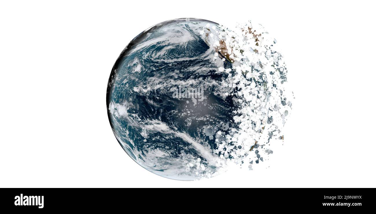 Desintegración del globo mundial sobre fondo blanco, tierra fragmentada. (Elementos de esta imagen proporcionados por la NASA) Foto de stock