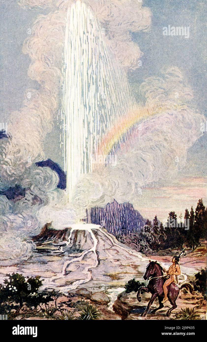 Esta ilustración de 1902 muestra un géiser. Un géiser es un manantial caliente en el que el agua hierve intermitentemente, enviando una alta columna de agua y vapor al aire. Foto de stock