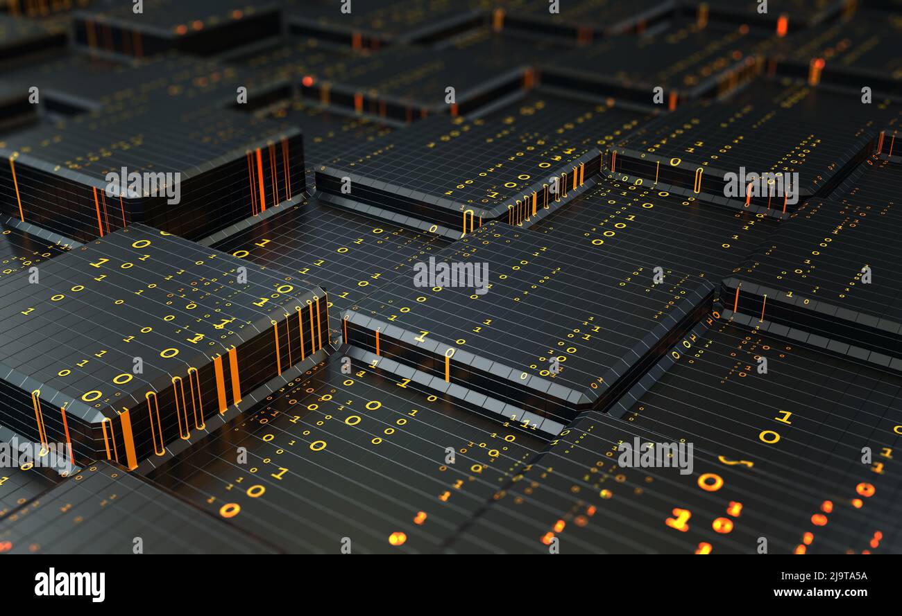 Análisis y almacenamiento de big data. Código digital, flujo de información. Cifrado de datos, ilustración de red blockchain 3D Foto de stock