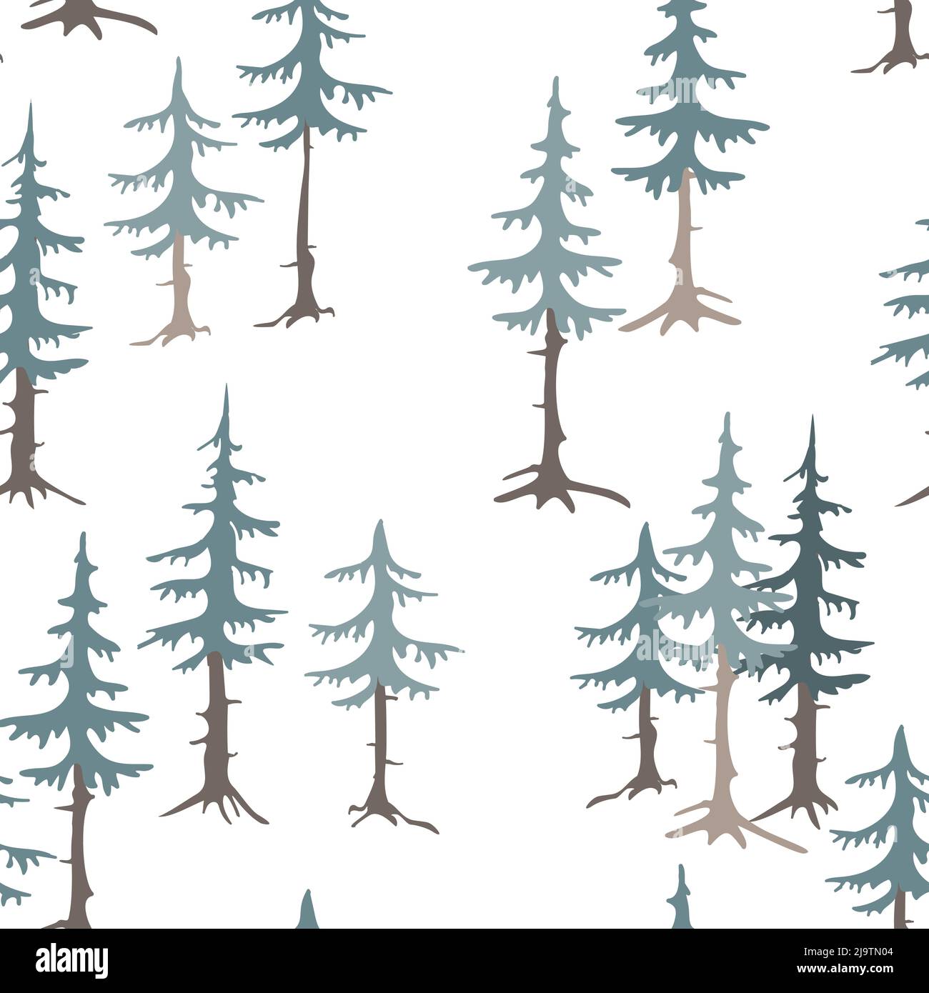 Picea, árboles de abeto siluetas sin costuras patrón, fondo del bosque. Ilustración vectorial dibujada a mano. Concepto de diseño para niños textil, estampado de moda Ilustración del Vector