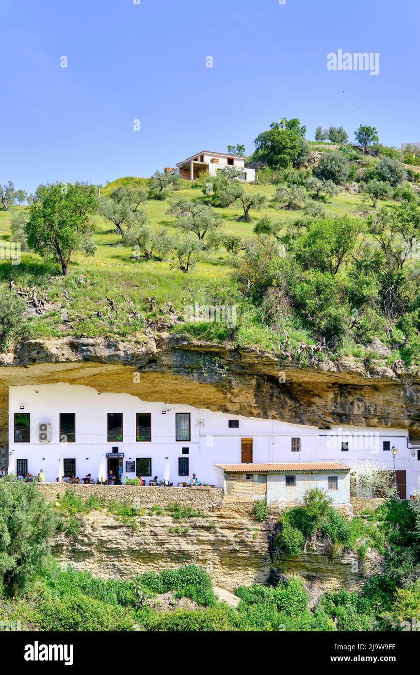 Cuevas trogloditas y bares en Setenil de las Bodegas, Andalucía. España Foto de stock