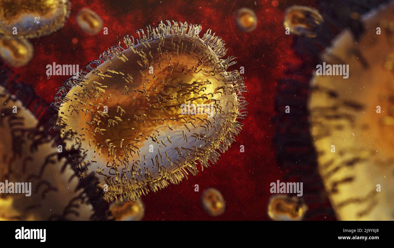 Virus de la viruela del simio, patógeno contagioso closeup Foto de stock
