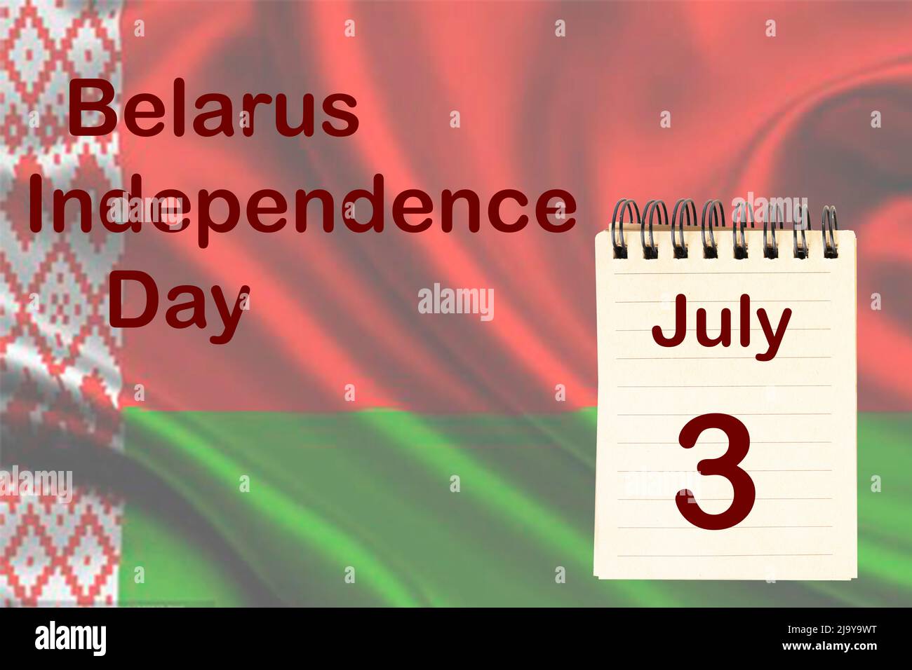 La celebración del Día de la Independencia de Belarús con la bandera y el calendario que indica el 3 de julio Foto de stock