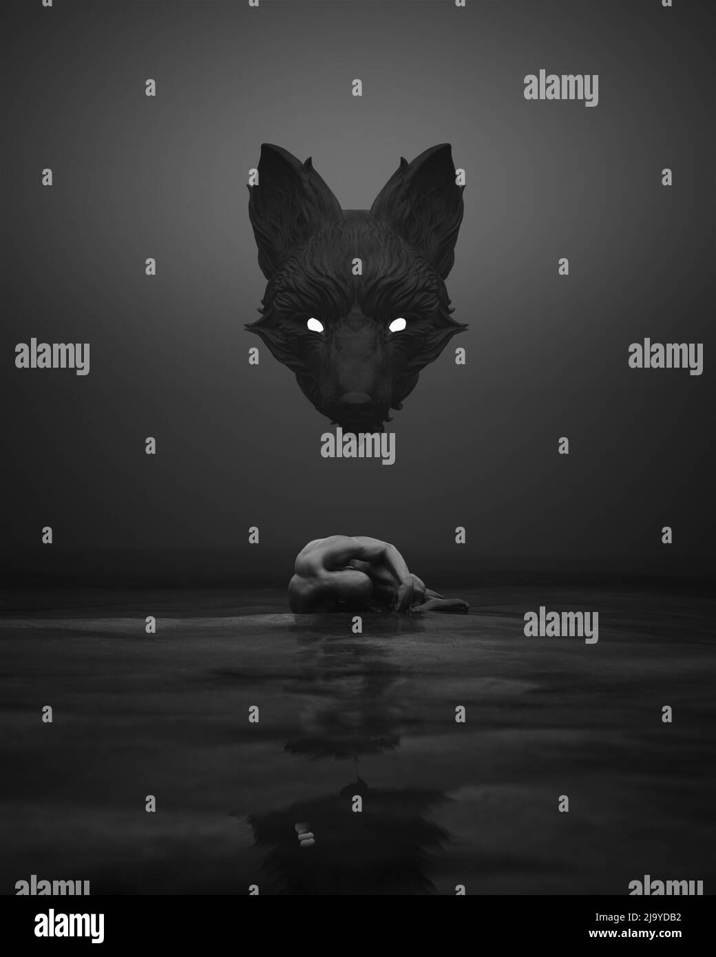 Hombre curled para arriba solo en barro húmedo Abstracto Depresión de perro  negro Dolor de salud mental Negro y blanco Dark Sky 3D ilustración render  Fotografía de stock - Alamy