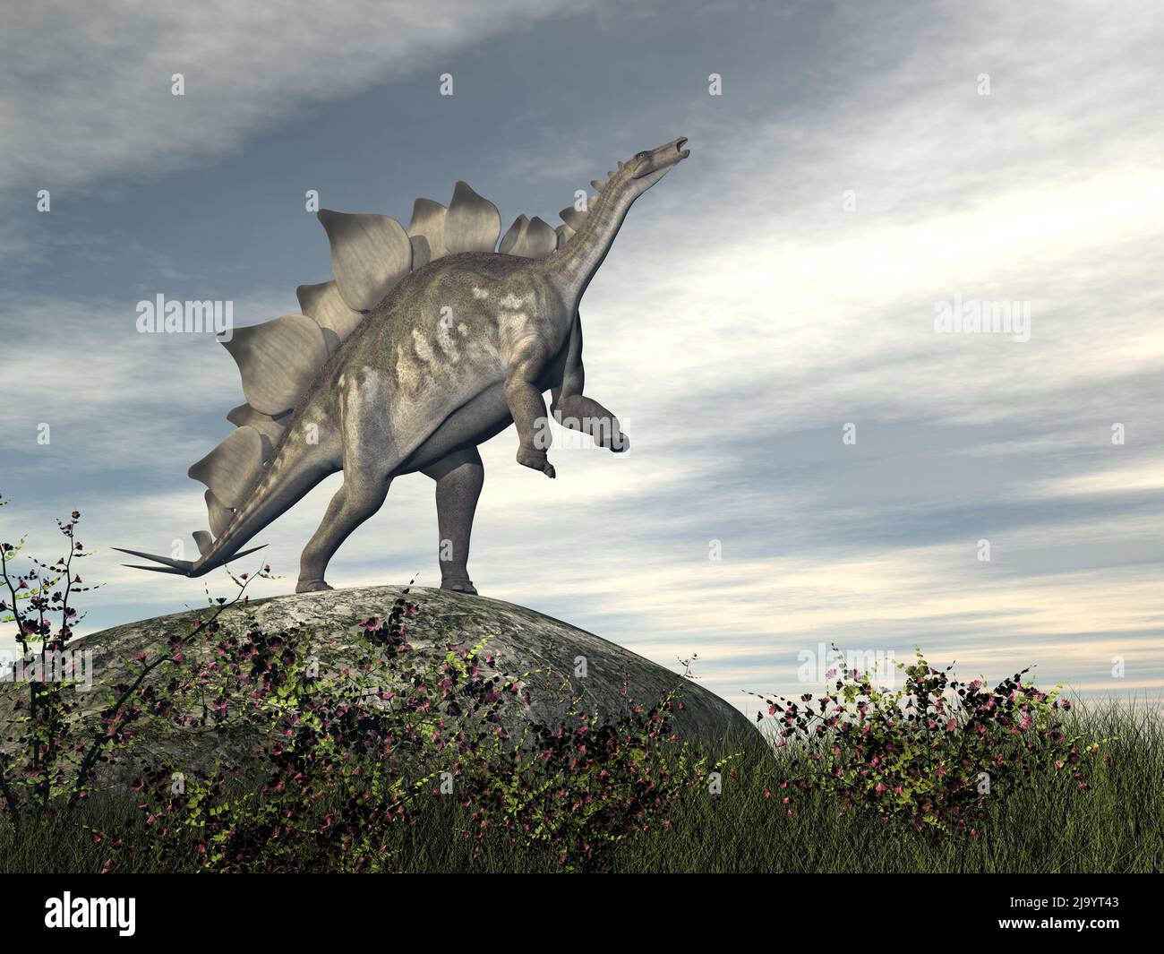 Stegosaurus dinosaurio de pie y la cría en una roca por día - 3D render Foto de stock