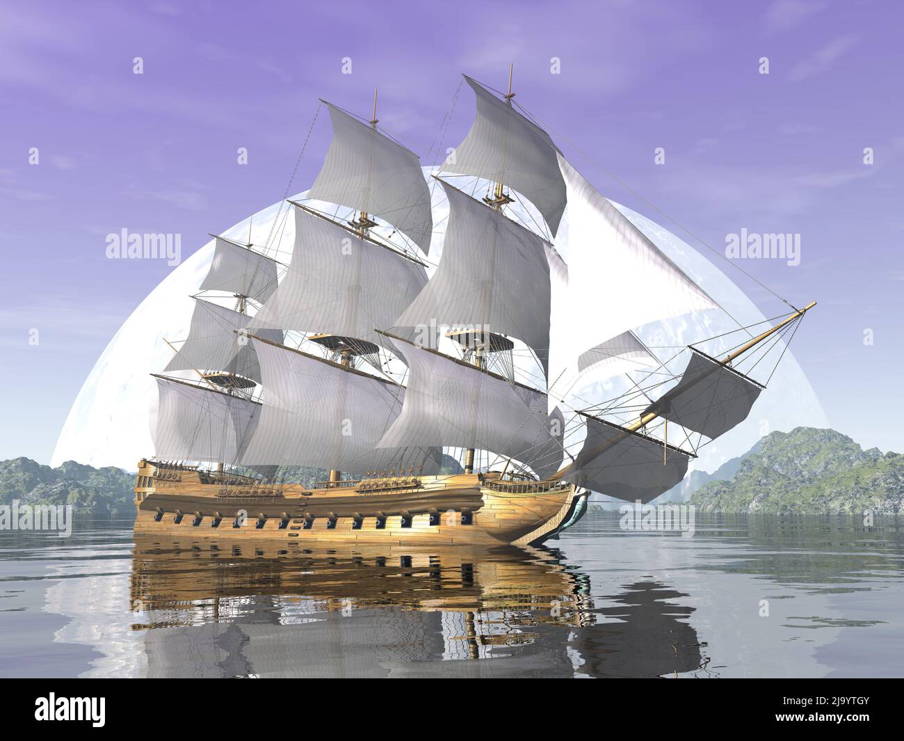 Hermoso detallado antiguo barco mercante por puesta de sol azul - 3D render Foto de stock