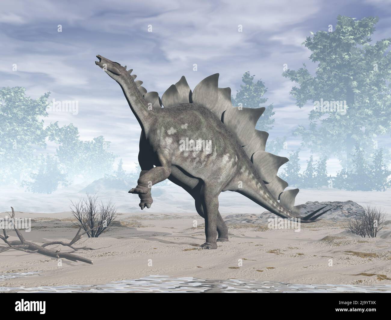 Stegosaurus cría de dinosaurios en el desierto de día - 3D render Foto de stock