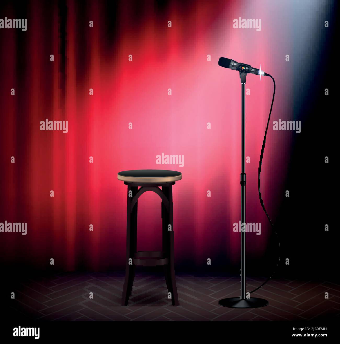 Stand up show comedia escenario atributos imagen realista con micrófono  barra taburete cortina roja retro vector ilustración Imagen Vector de stock  - Alamy