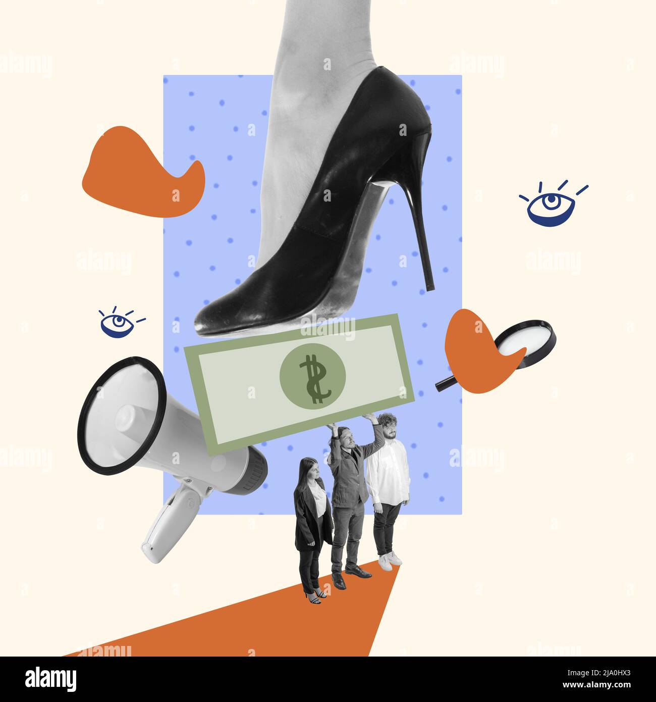 Collage de arte contemporáneo. Pierna femenina gigante en zapatos de tacón  alto que ejerce presión financiera sobre los empleados Fotografía de stock  - Alamy