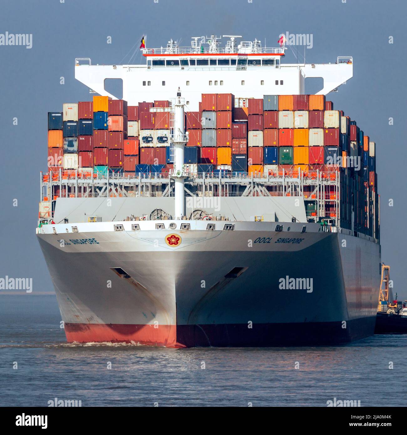 Buque contenedor OOCL Singapur saliendo de una terminal de contenedores en el Puerto de Amberes. Bélgica - 12 de marzo de 2016 Foto de stock
