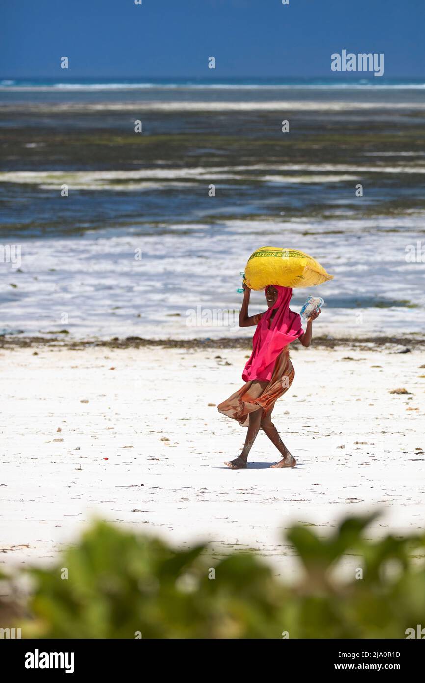 Una niña que llevaba un saco de algas en la cabeza en la playa de Jambiani, Zanzíbar, Tanzania, África. Foto de stock