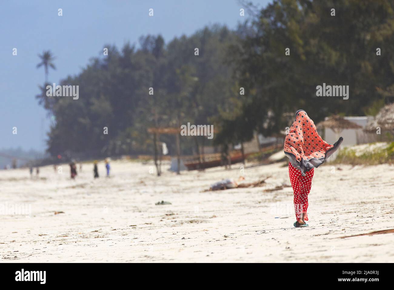 Una mujer con ropa tradicional musulmana camina por la playa de Zanzíbar, Tanzania, África. Foto de stock