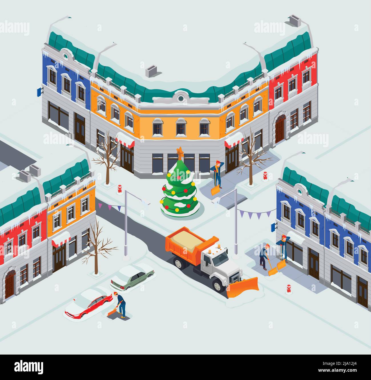 Maquinaria de remoción de nieve composición isométrica con vista al cruce de la ciudad con casas de coches y camión de ilustración vectorial Ilustración del Vector