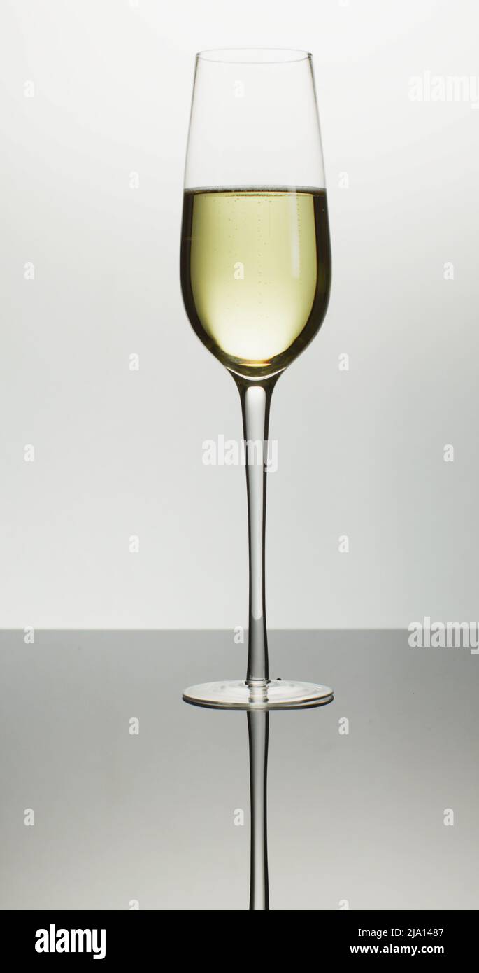 Imagen vertical de una copa de tulipán de vino blanco o champán sobre fondo blanco Foto de stock