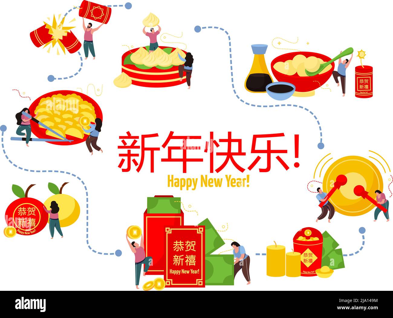 Composición Plana Del Año Nuevo Chino Con Texto Feliz Año Nuevo En La Ilustración Vectorial En 2089