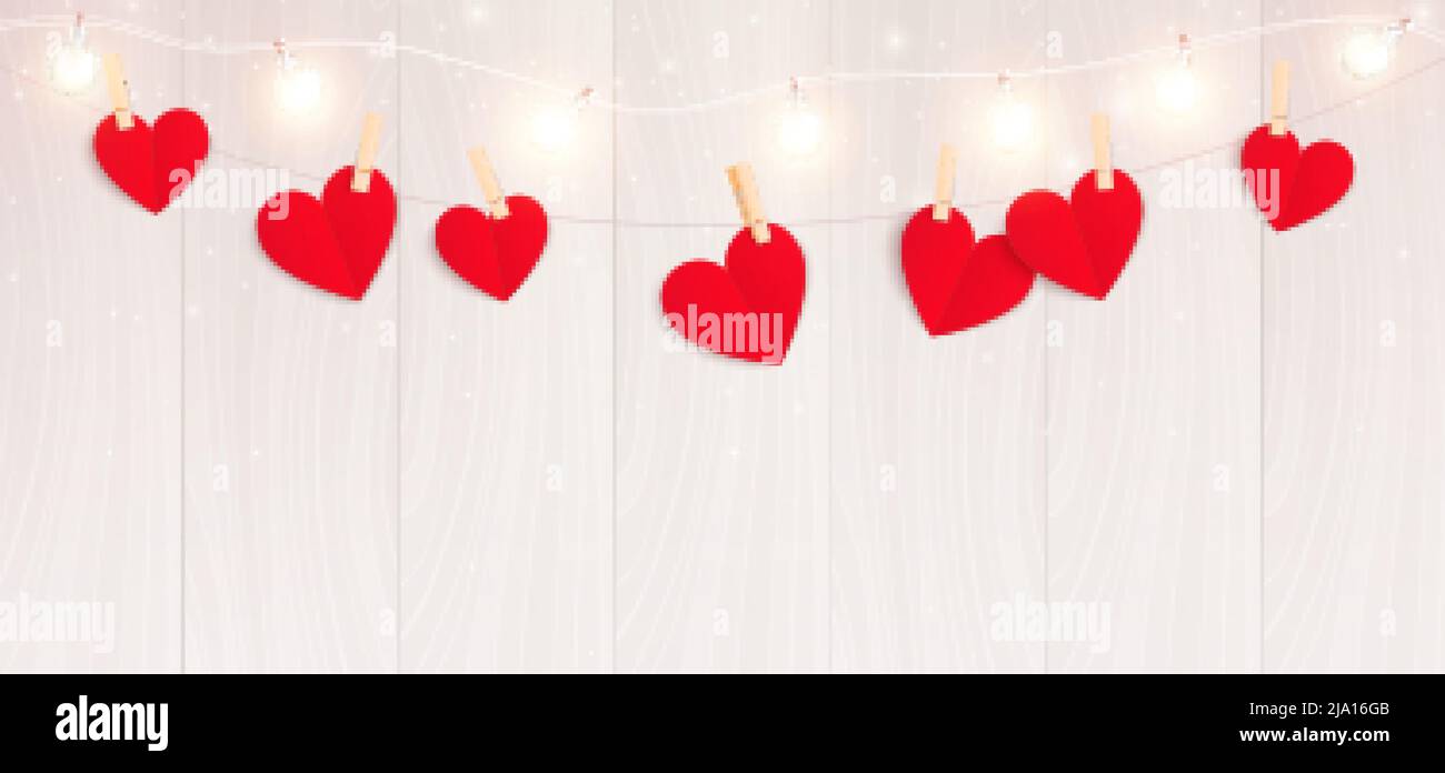 Corazones día San Valentín Composición vista de luces cuerda con corazones colgantes de papel ilustración vectorial Imagen Vector de stock - Alamy