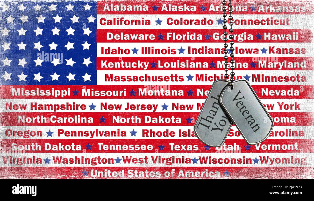 Etiquetas de perro militar en una bandera americana con los nombres de los Estados Unidos y gracias a los veteranos texto Foto de stock