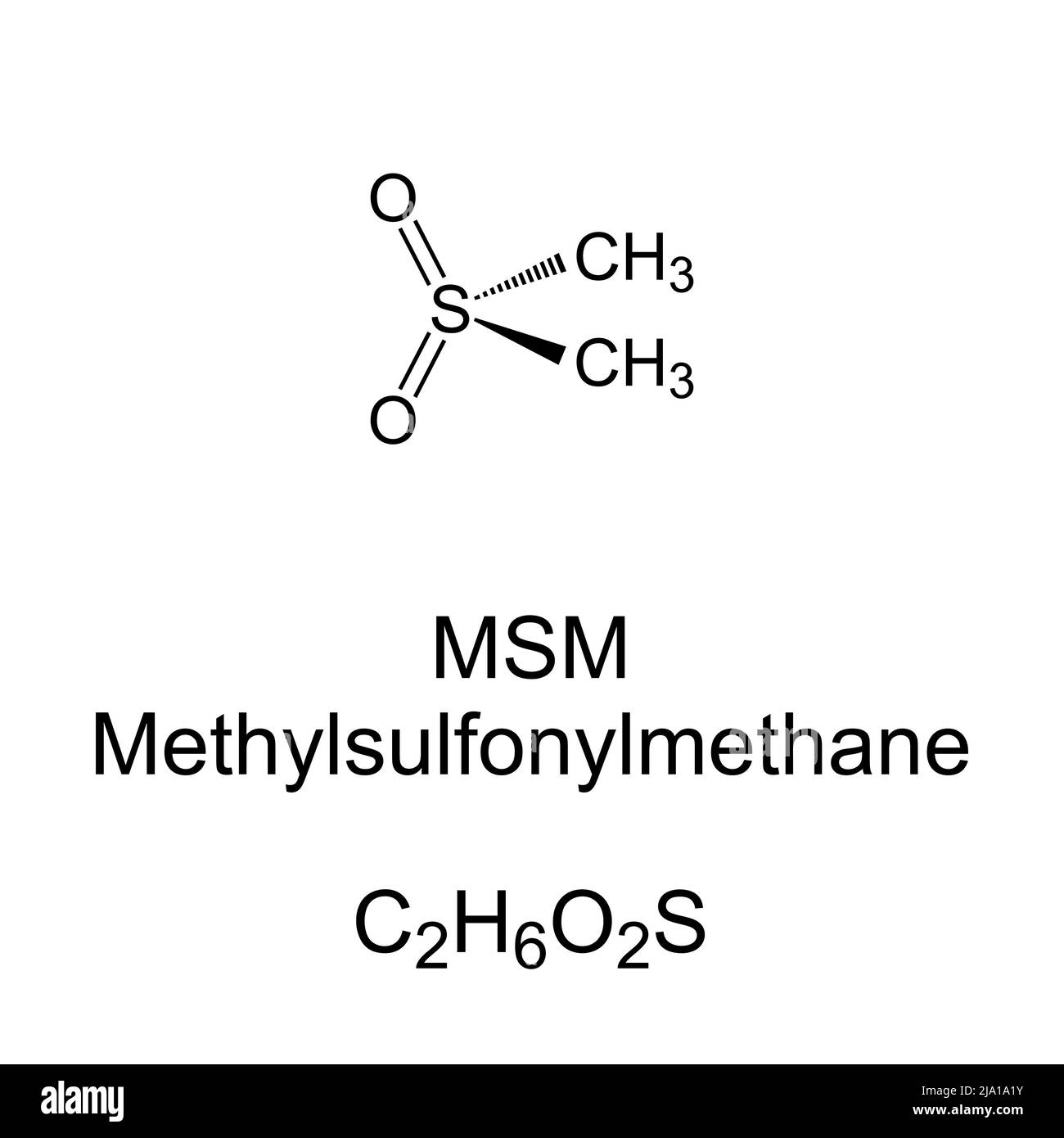 Metilsulfonilmetano MSM, fórmula química y estructura esquelética. Compuesto organoazufre