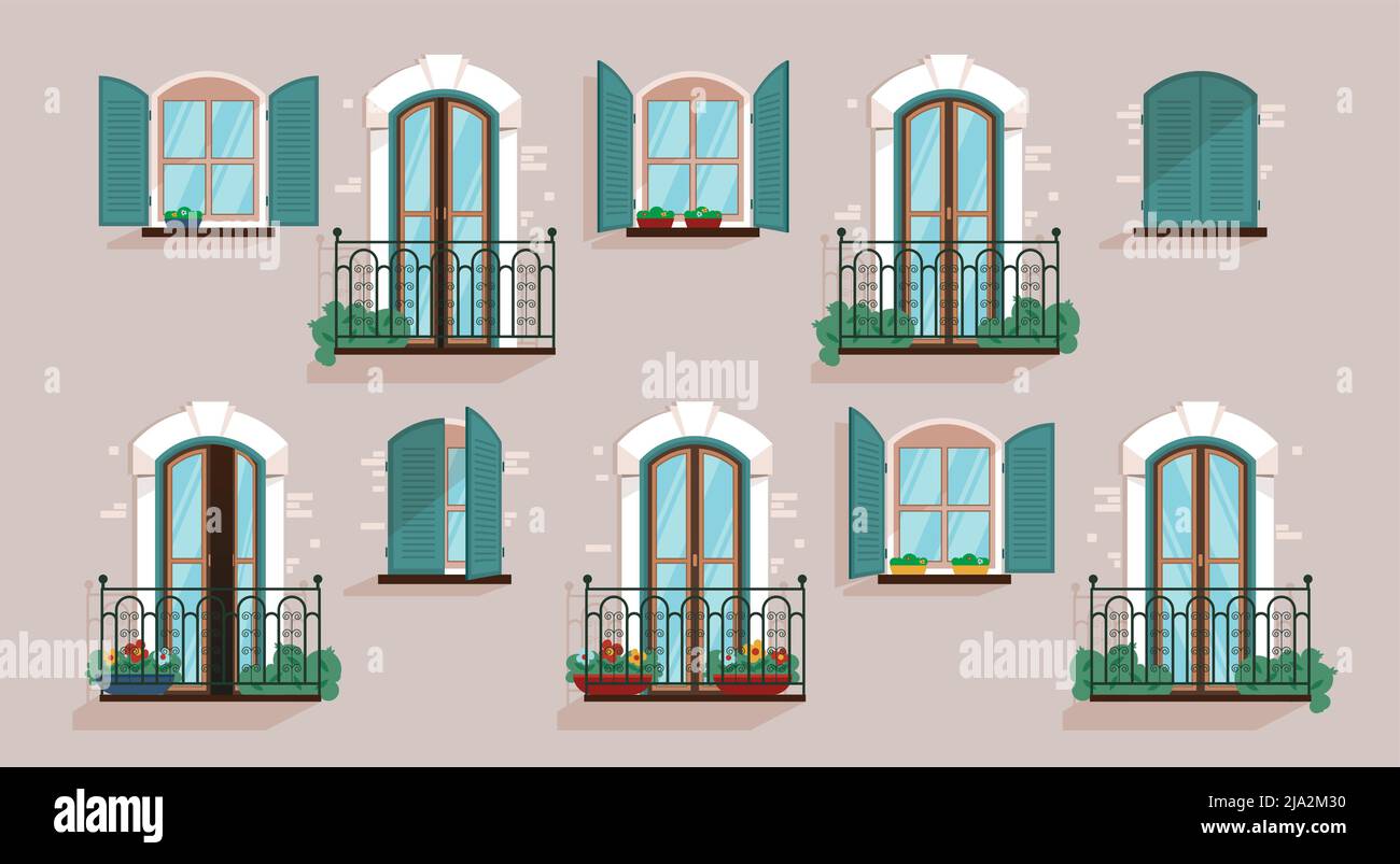 Ventanas vidriadas y balcones en la fachada gris de la casa de la ilustración de vectores planos Ilustración del Vector