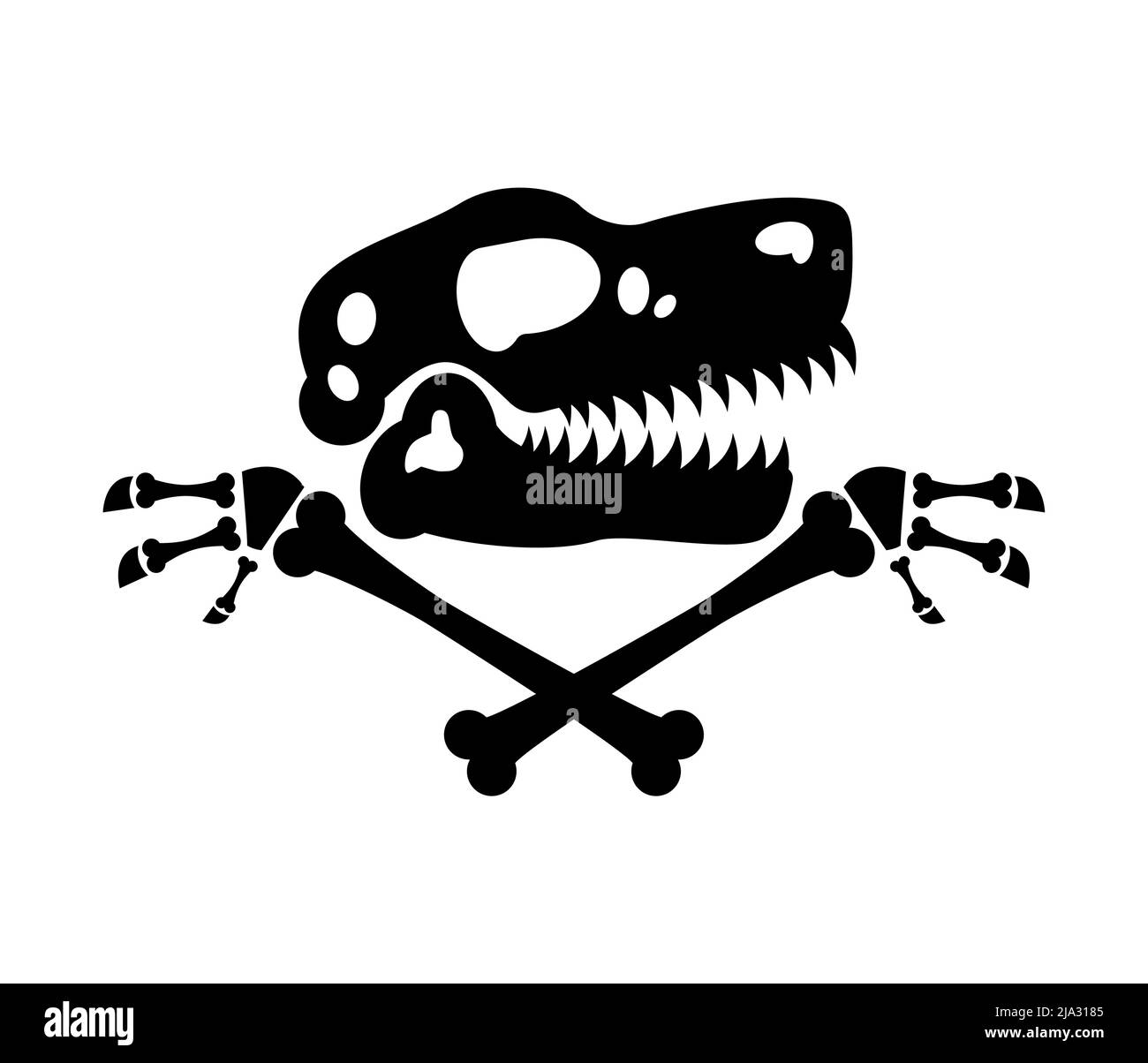 Símbolo de cráneo de dinosaurio y crossbones. El cráneo de Tyrannosaurus rex es un signo de los piratas del mundo antiguo. Ilustración del Vector