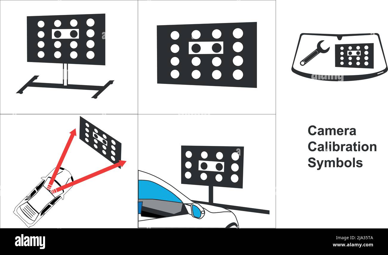Símbolos e iconos calibración de cámaras y radares para talleres de coches Vector de stock -